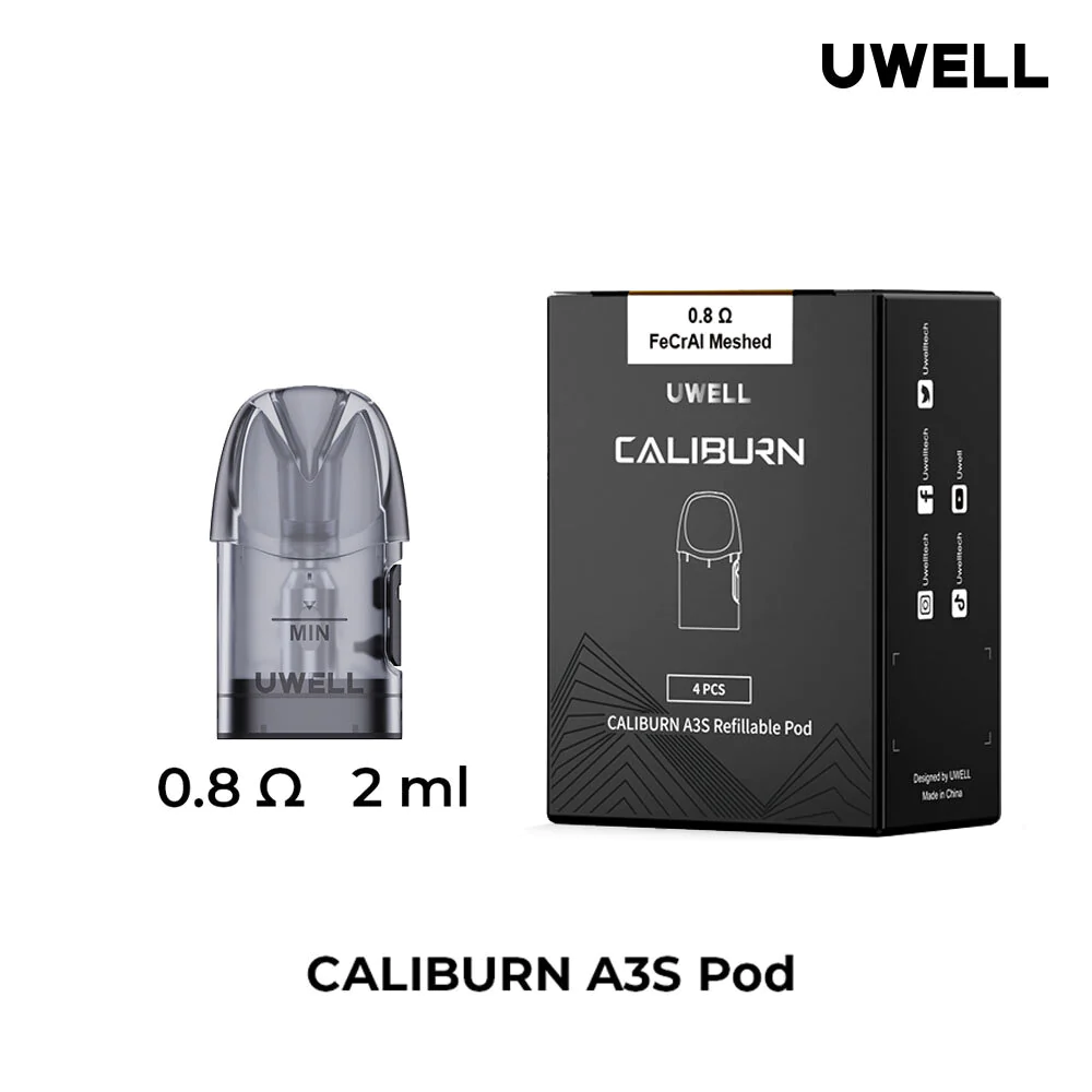 Uwell Caliburn A3S Replacement Pods - 4pcs/pack | Side Fill | 0.8 Ohm Mesh